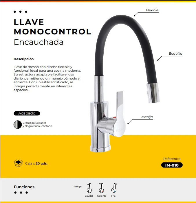 [IM-010] JG-94 LLAVE MONOCONTROL FLEXIBLE ENCAUCHETADA NEGRA