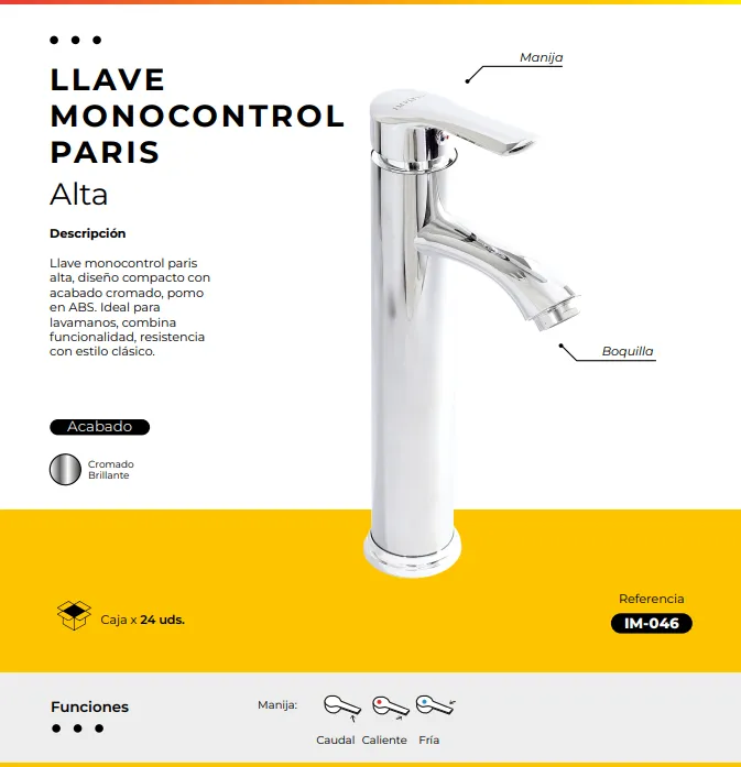 [IM-046] JG-06A LLAVE MONOCONTROL LAVAMANOS ALTA PARIS CROMADA