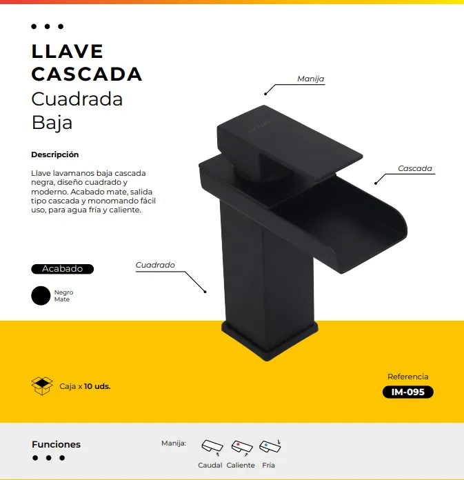 [IM-095] JGA-12B LLAVE MONOCONTROL CASCADA BAJA CUADRADA NEGRA