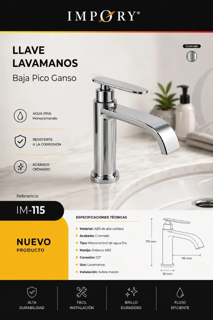 LLAVE LAVAMANOS BAJA PICO GANSO CROMADA