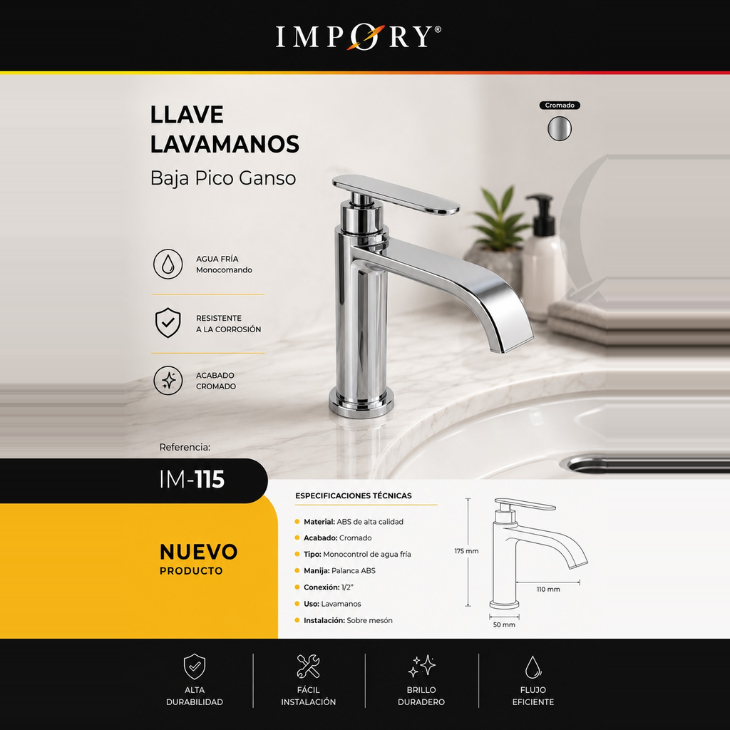 [IM-115] LLAVE LAVAMANOS BAJA PICO GANSO CROMADA