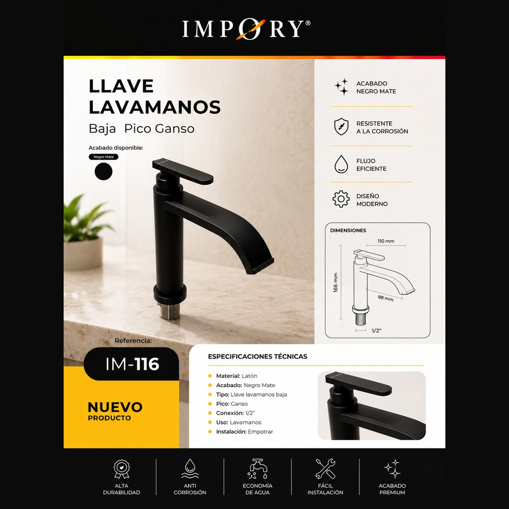 [IM-116] LLAVE LAVAMANOS BAJA PICO GANSO NEGRA