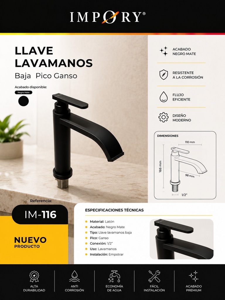LLAVE LAVAMANOS BAJA PICO GANSO NEGRA
