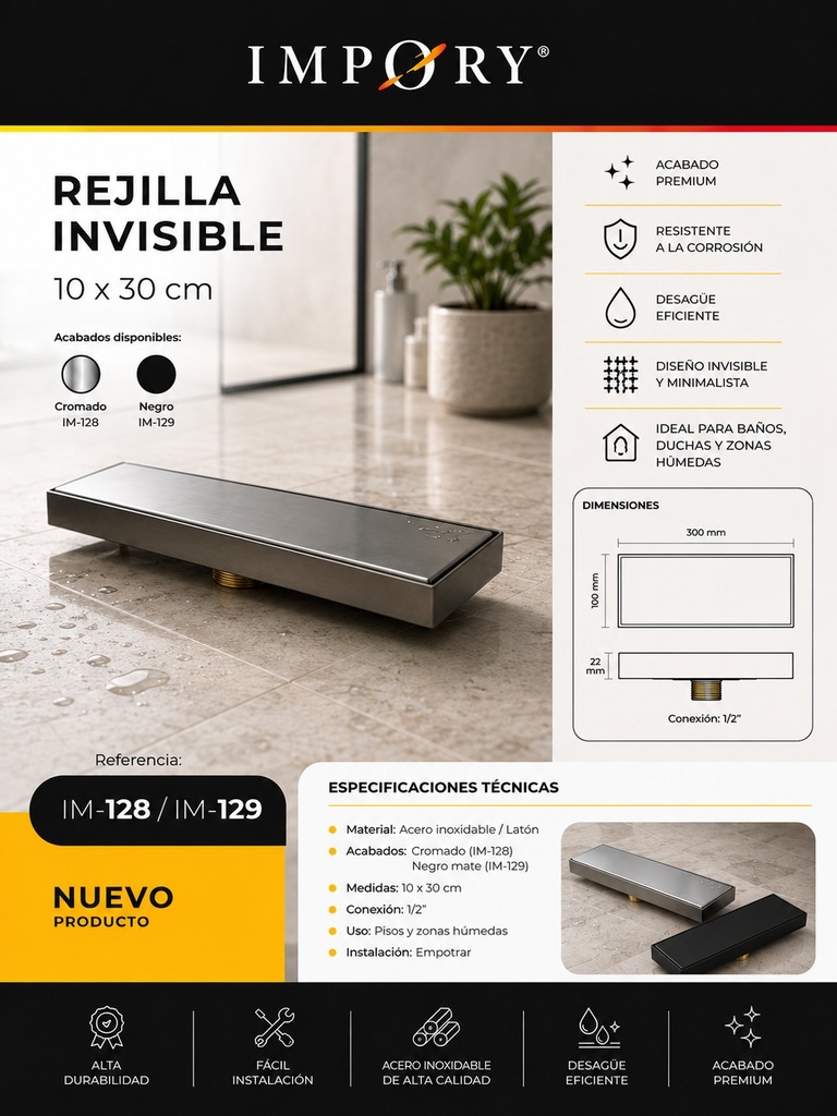 REJILLA INVISIBLE 10X30 CM NEGRA